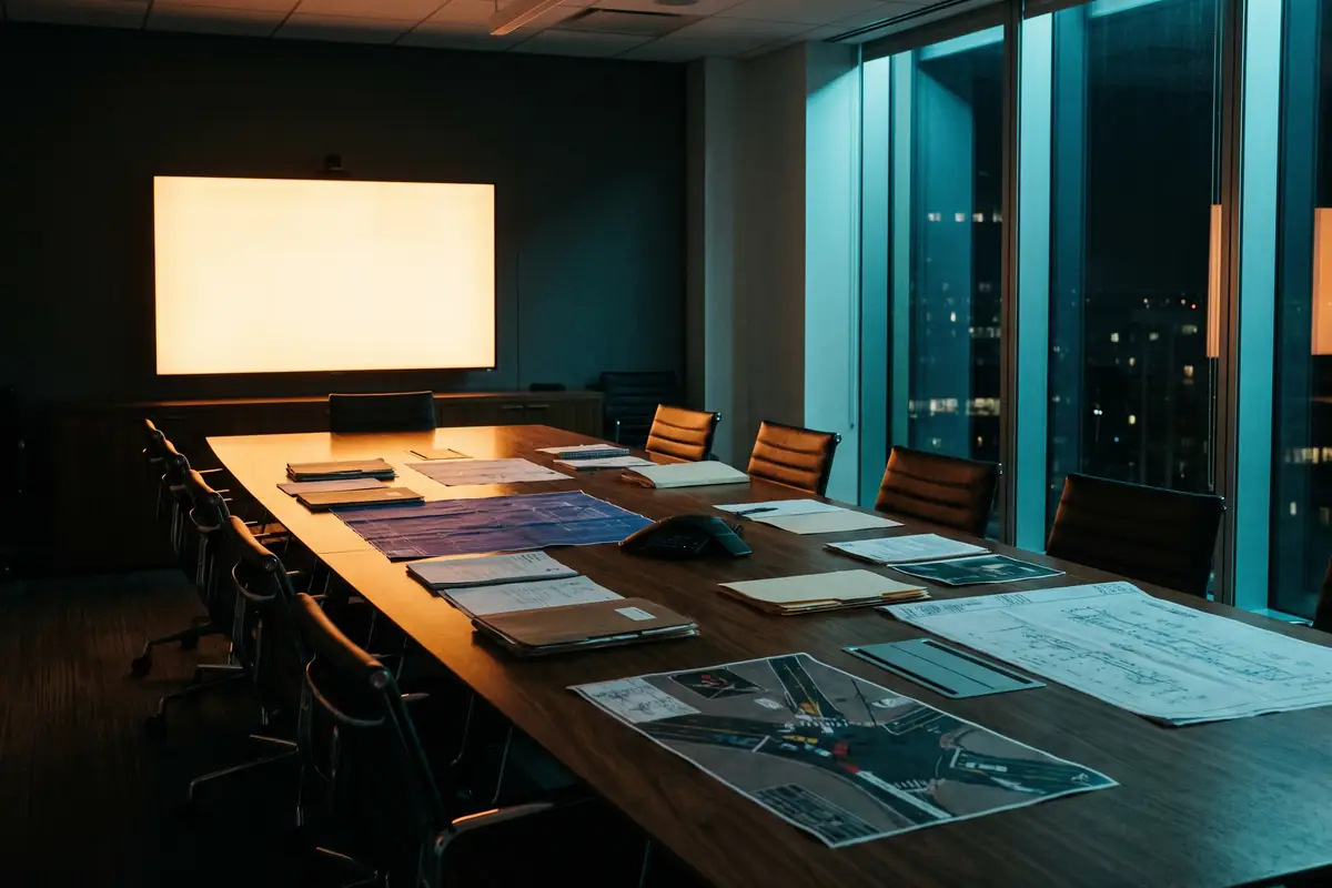 A law firm war room at night, case files and reconstruction diagrams spread across a long table