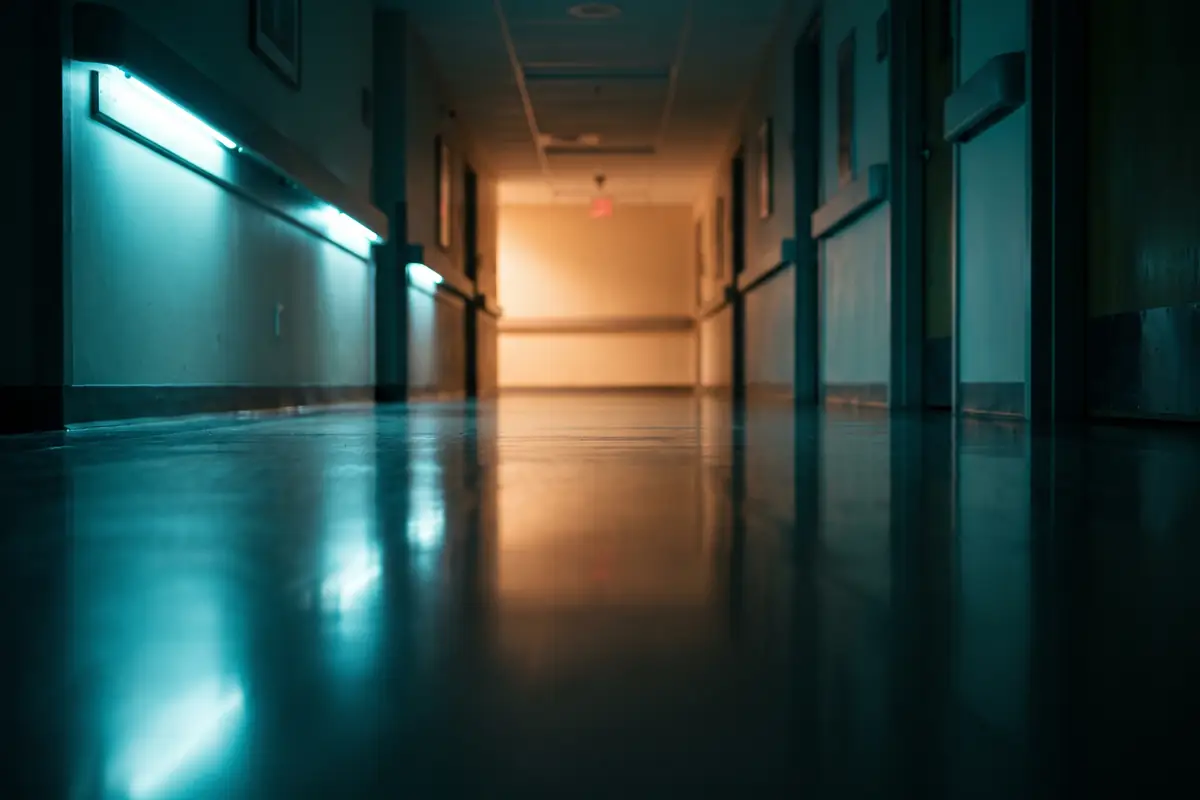Empty hospital corridor at night lit by cold fluorescent light fading to a warm glow